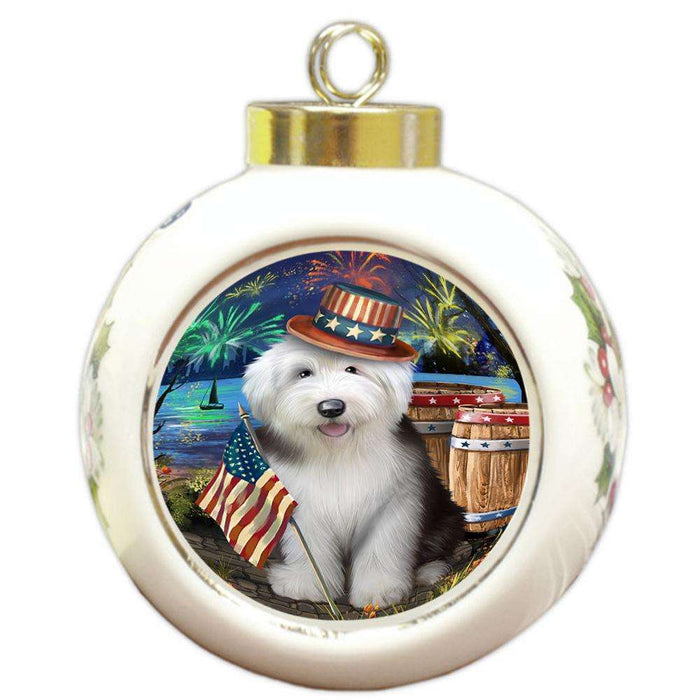 4th of July Independence Day Fireworks Old English Sheepdog at the Lake Round Ball Christmas Ornament RBPOR50985