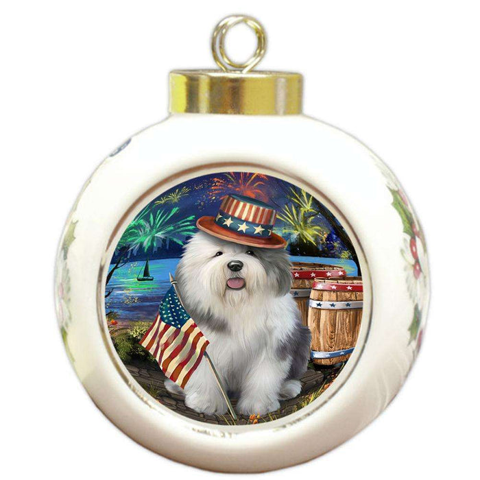 4th of July Independence Day Fireworks Old English Sheepdog at the Lake Round Ball Christmas Ornament RBPOR50986