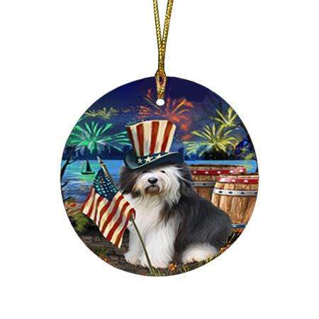 4th of July Independence Day Fireworks Old English Sheepdog at the Lake Round Flat Christmas Ornament RFPOR50973