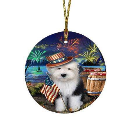 4th of July Independence Day Fireworks Old English Sheepdog at the Lake Round Flat Christmas Ornament RFPOR50974