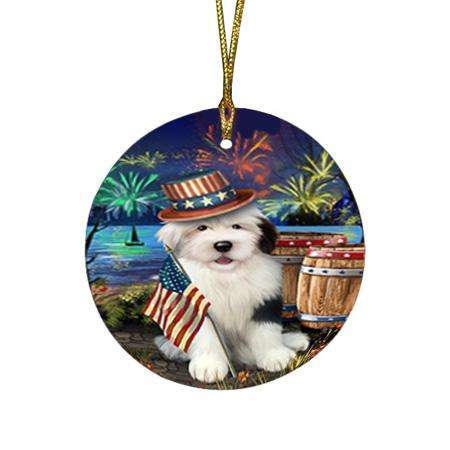 4th of July Independence Day Fireworks Old English Sheepdog at the Lake Round Flat Christmas Ornament RFPOR50975