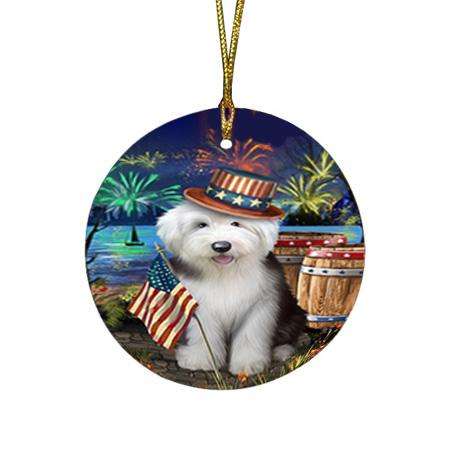 4th of July Independence Day Fireworks Old English Sheepdog at the Lake Round Flat Christmas Ornament RFPOR50976