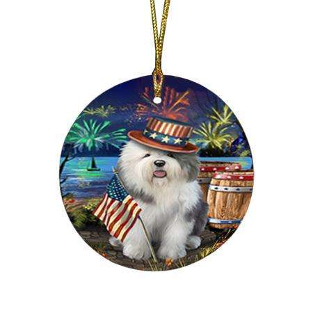 4th of July Independence Day Fireworks Old English Sheepdog at the Lake Round Flat Christmas Ornament RFPOR50977