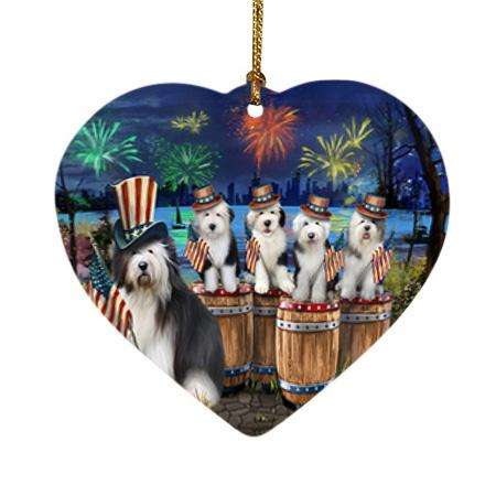 4th of July Independence Day Fireworks Old English Sheepdogs at the Lake Heart Christmas Ornament HPOR51044