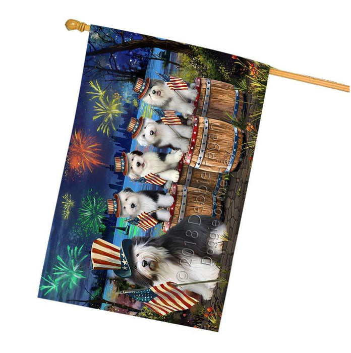 4th of July Independence Day Fireworks Old English Sheepdogs at the Lake House Flag FLG51102
