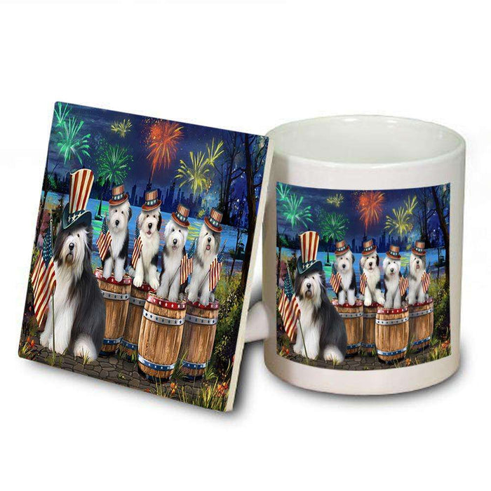 4th of July Independence Day Fireworks Old English Sheepdogs at the Lake Mug and Coaster Set MUC51036