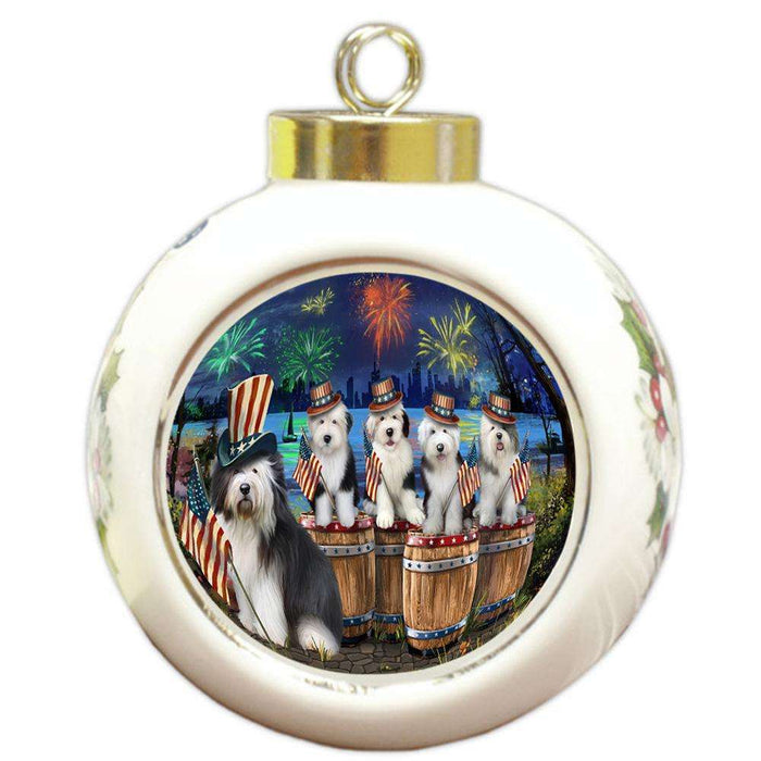 4th of July Independence Day Fireworks Old English Sheepdogs at the Lake Round Ball Christmas Ornament RBPOR51044