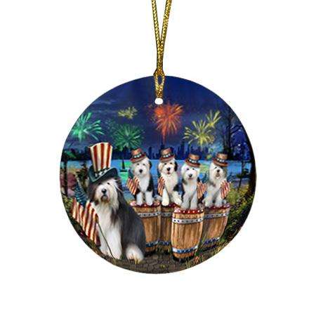4th of July Independence Day Fireworks Old English Sheepdogs at the Lake Round Flat Christmas Ornament RFPOR51035