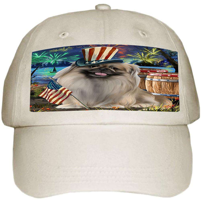 4th of July Independence Day Fireworks Pekingese Dog at the Lake Ball Hat Cap HAT57312