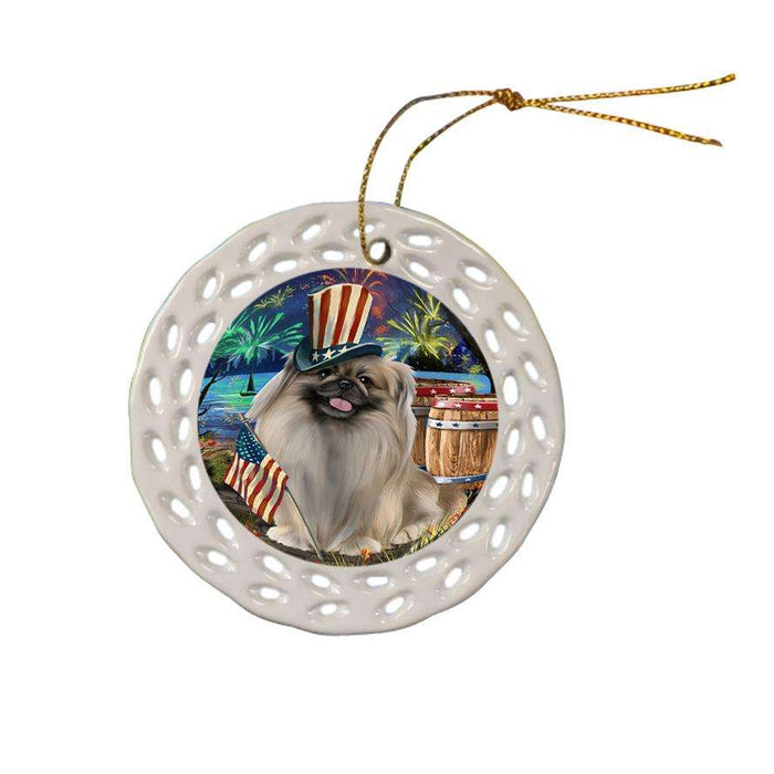 4th of July Independence Day Fireworks Pekingese Dog at the Lake Ceramic Doily Ornament DPOR51193