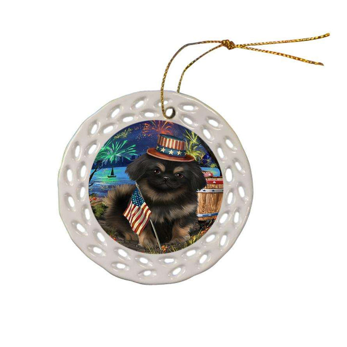 4th of July Independence Day Fireworks Pekingese Dog at the Lake Ceramic Doily Ornament DPOR51194