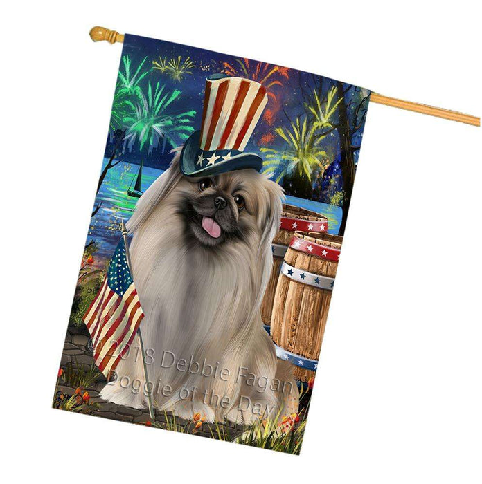 4th of July Independence Day Fireworks Pekingese Dog at the Lake House Flag FLG51251