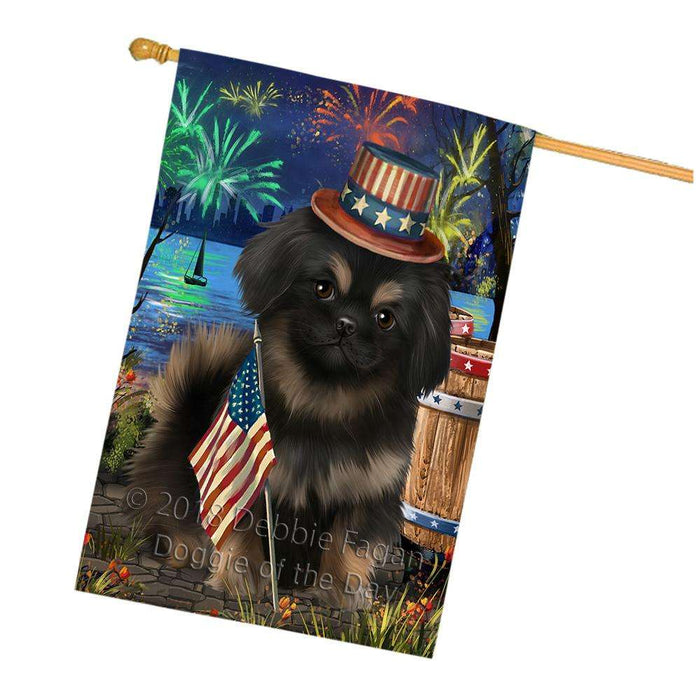 4th of July Independence Day Fireworks Pekingese Dog at the Lake House Flag FLG51252