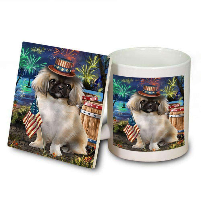 4th of July Independence Day Fireworks Pekingese Dog at the Lake Mug and Coaster Set MUC51189