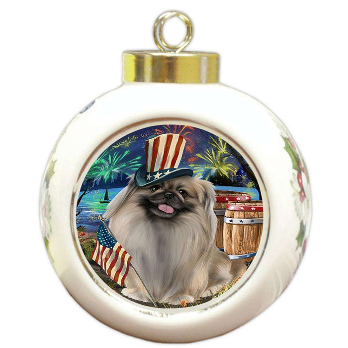 4th of July Independence Day Fireworks Pekingese Dog at the Lake Round Ball Christmas Ornament RBPOR51193