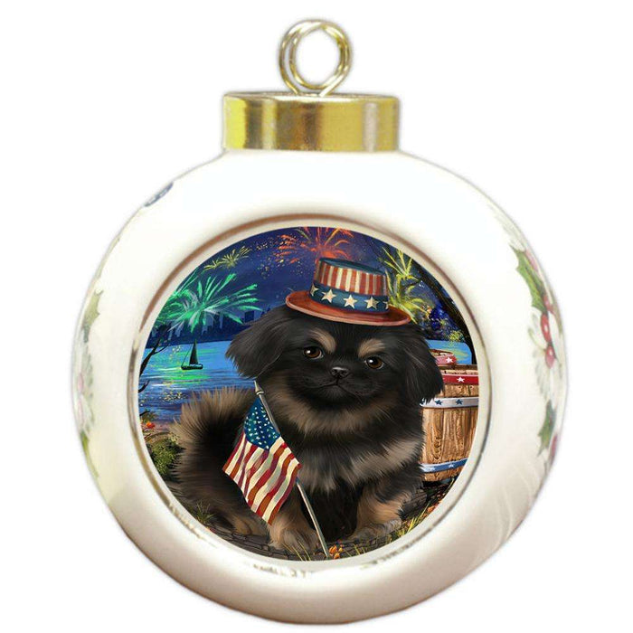 4th of July Independence Day Fireworks Pekingese Dog at the Lake Round Ball Christmas Ornament RBPOR51194