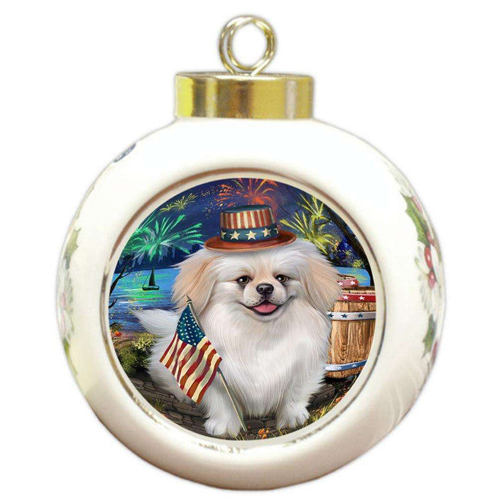 4th of July Independence Day Fireworks Pekingese Dog at the Lake Round Ball Christmas Ornament RBPOR51195