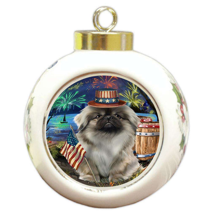 4th of July Independence Day Fireworks Pekingese Dog at the Lake Round Ball Christmas Ornament RBPOR51196