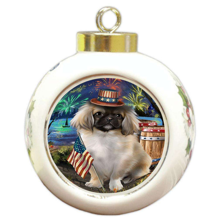 4th of July Independence Day Fireworks Pekingese Dog at the Lake Round Ball Christmas Ornament RBPOR51197