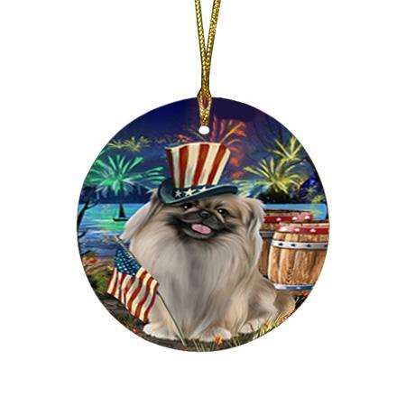 4th of July Independence Day Fireworks Pekingese Dog at the Lake Round Flat Christmas Ornament RFPOR51184