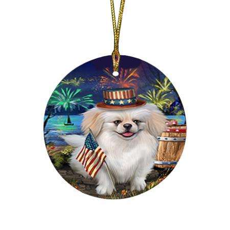 4th of July Independence Day Fireworks Pekingese Dog at the Lake Round Flat Christmas Ornament RFPOR51186