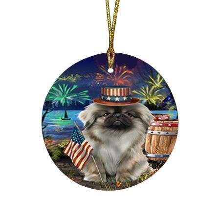 4th of July Independence Day Fireworks Pekingese Dog at the Lake Round Flat Christmas Ornament RFPOR51187