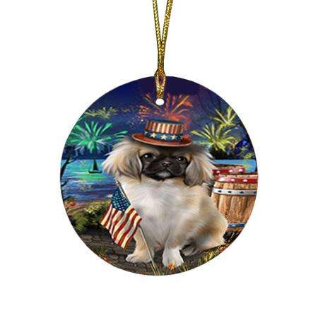 4th of July Independence Day Fireworks Pekingese Dog at the Lake Round Flat Christmas Ornament RFPOR51188