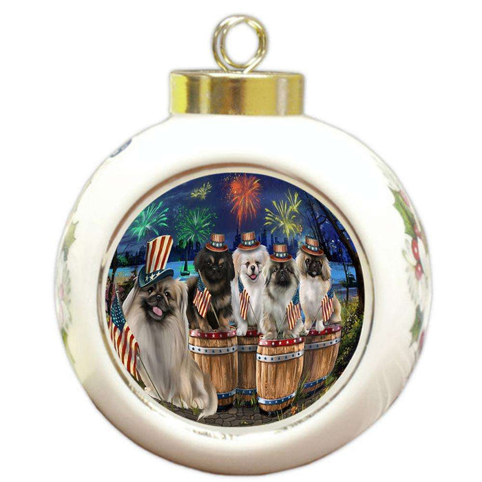 4th of July Independence Day Fireworks Pekingeses at the Lake Round Ball Christmas Ornament RBPOR51045