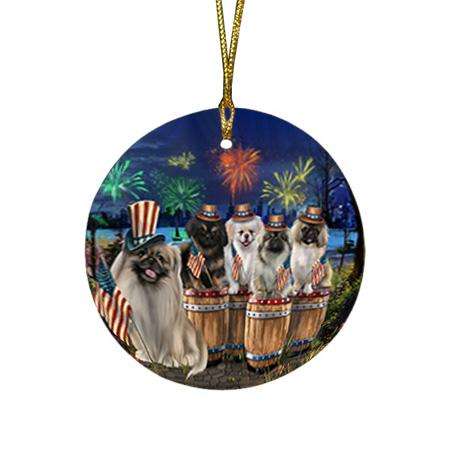 4th of July Independence Day Fireworks Pekingeses at the Lake Round Flat Christmas Ornament RFPOR51036