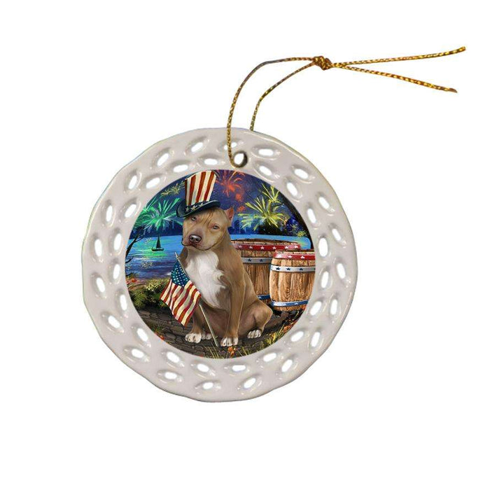 4th of July Independence Day Fireworks Pit bull Dog at the Lake Ceramic Doily Ornament DPOR51198