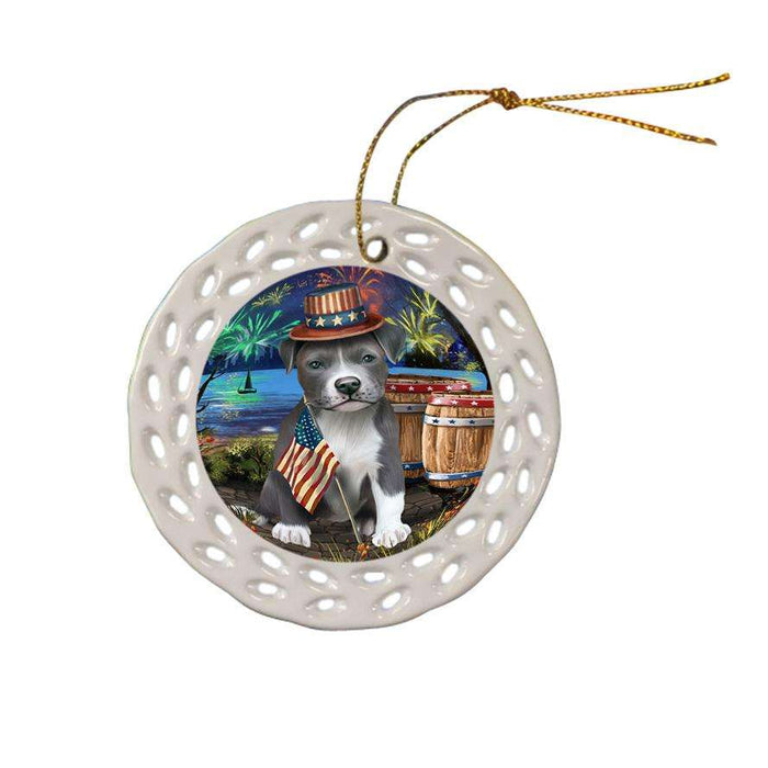 4th of July Independence Day Fireworks Pit bull Dog at the Lake Ceramic Doily Ornament DPOR51199