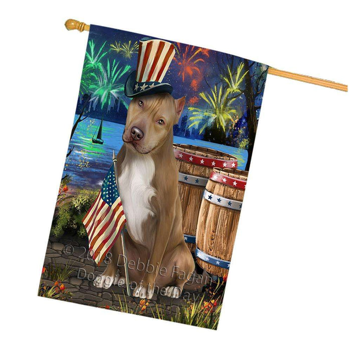 4th of July Independence Day Fireworks Pit bull Dog at the Lake House Flag FLG51256