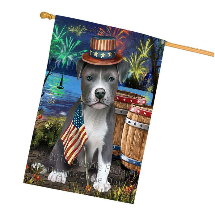 4th of July Independence Day Fireworks Pit bull Dog at the Lake House Flag FLG51257