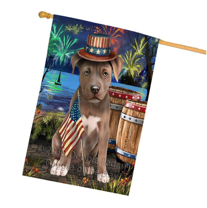 4th of July Independence Day Fireworks Pit bull Dog at the Lake House Flag FLG51258