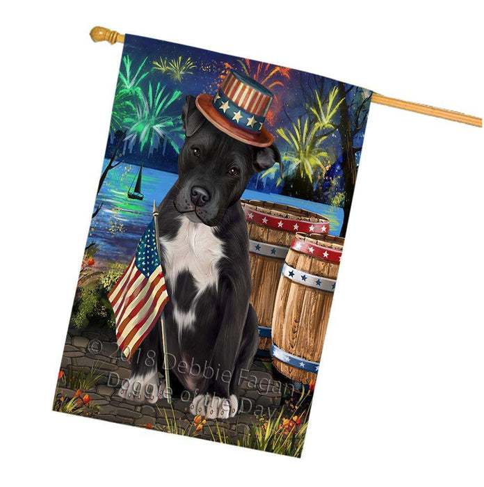 4th of July Independence Day Fireworks Pit bull Dog at the Lake House Flag FLG51260
