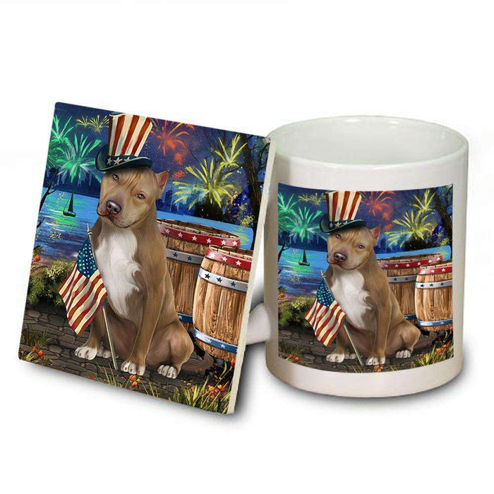 4th of July Independence Day Fireworks Pit bull Dog at the Lake Mug and Coaster Set MUC51190