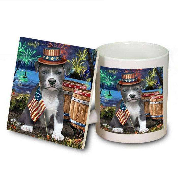 4th of July Independence Day Fireworks Pit bull Dog at the Lake Mug and Coaster Set MUC51191