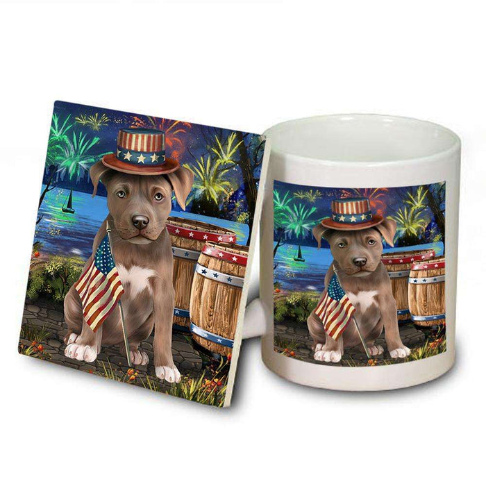 4th of July Independence Day Fireworks Pit bull Dog at the Lake Mug and Coaster Set MUC51192