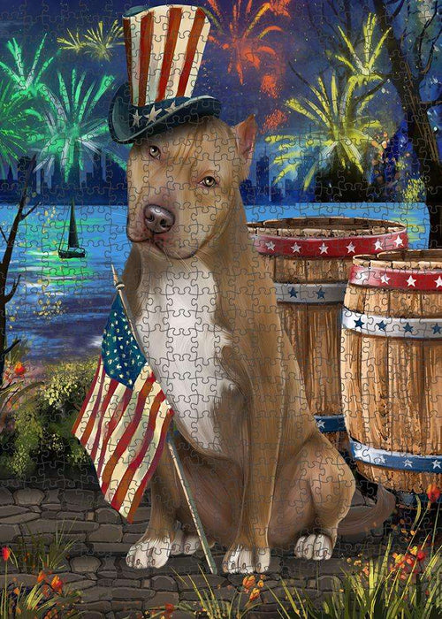 4th of July Independence Day Fireworks Pit bull Dog at the Lake Puzzle with Photo Tin PUZL57456