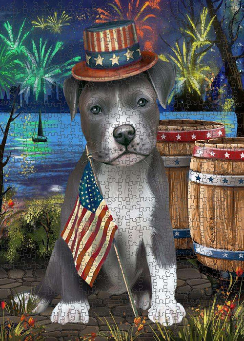 4th of July Independence Day Fireworks Pit bull Dog at the Lake Puzzle with Photo Tin PUZL57459
