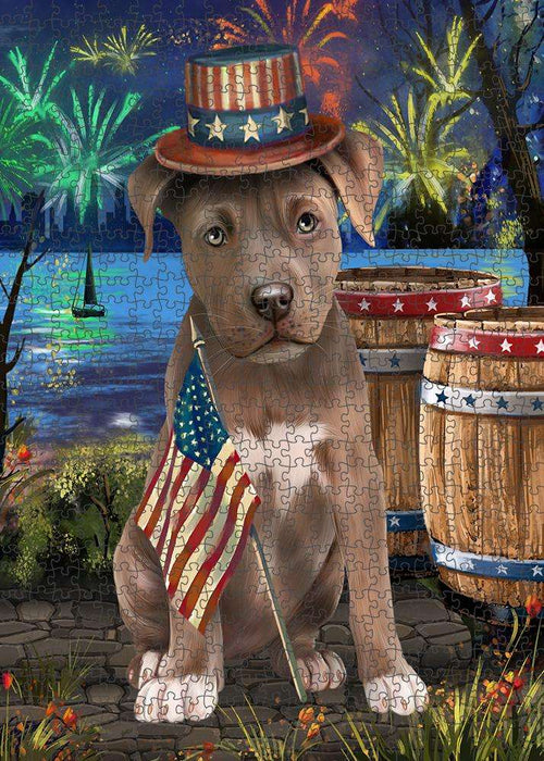 4th of July Independence Day Fireworks Pit bull Dog at the Lake Puzzle with Photo Tin PUZL57462
