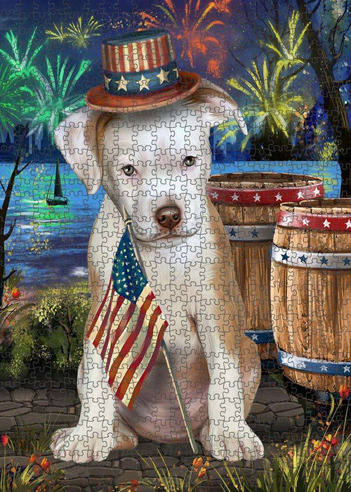 4th of July Independence Day Fireworks Pit bull Dog at the Lake Puzzle with Photo Tin PUZL57465