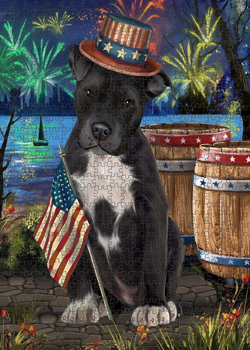 4th of July Independence Day Fireworks Pit bull Dog at the Lake Puzzle with Photo Tin PUZL57468