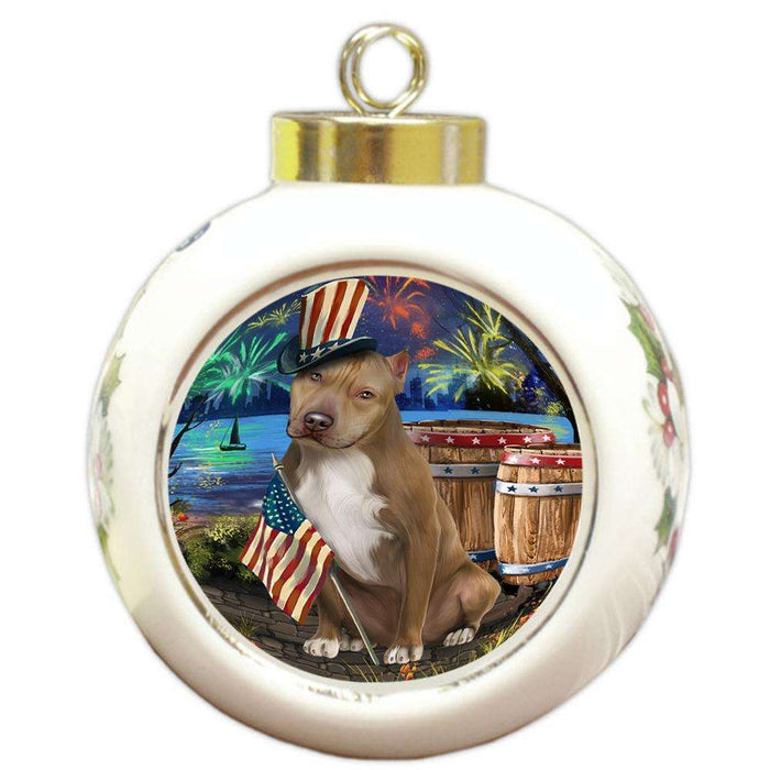 4th of July Independence Day Fireworks Pit bull Dog at the Lake Round Ball Christmas Ornament RBPOR51198