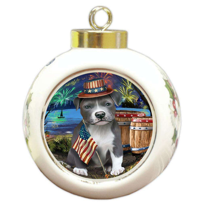 4th of July Independence Day Fireworks Pit bull Dog at the Lake Round Ball Christmas Ornament RBPOR51199