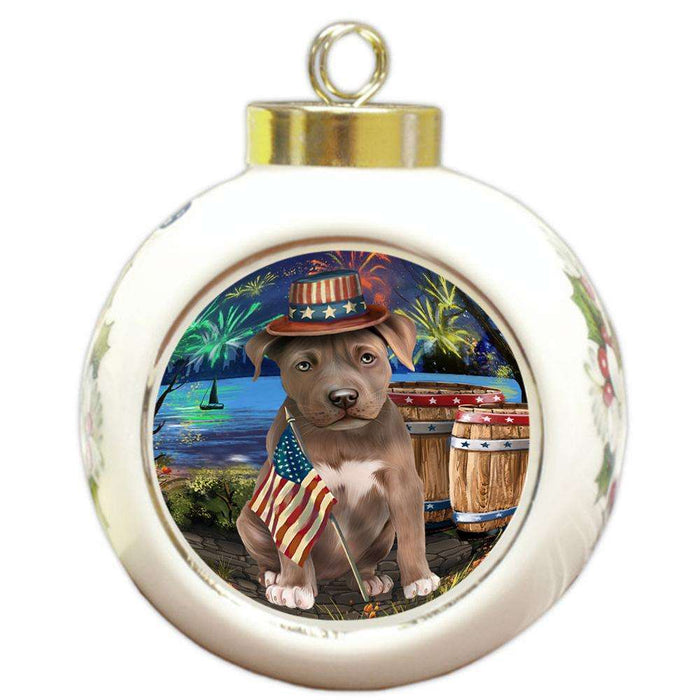 4th of July Independence Day Fireworks Pit bull Dog at the Lake Round Ball Christmas Ornament RBPOR51200