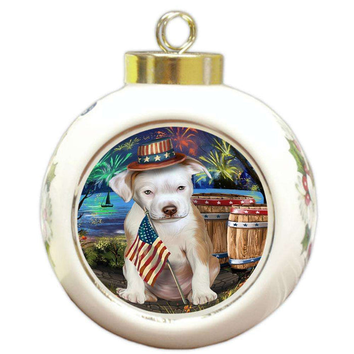 4th of July Independence Day Fireworks Pit bull Dog at the Lake Round Ball Christmas Ornament RBPOR51201
