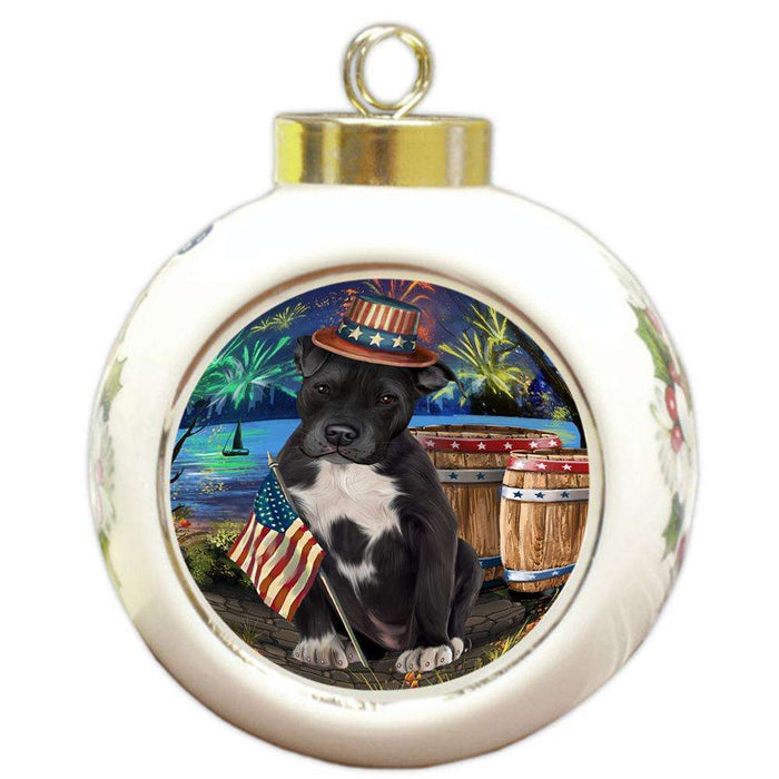 4th of July Independence Day Fireworks Pit bull Dog at the Lake Round Ball Christmas Ornament RBPOR51202