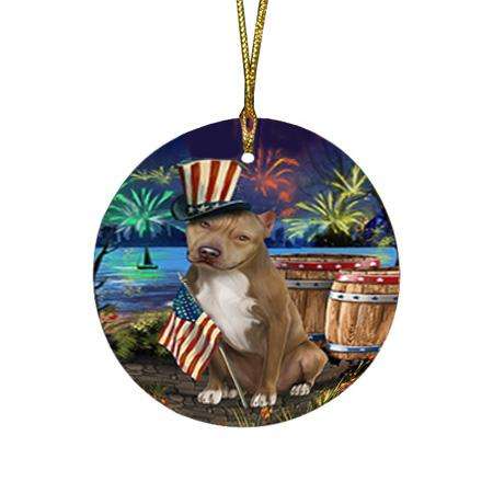 4th of July Independence Day Fireworks Pit bull Dog at the Lake Round Flat Christmas Ornament RFPOR51189