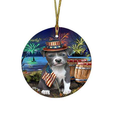 4th of July Independence Day Fireworks Pit bull Dog at the Lake Round Flat Christmas Ornament RFPOR51190